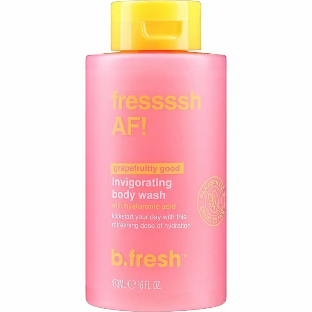 Roze fles met gele dop. Opschrift: fressssh AF!, invigorating body wash, b.fresh. Met hyaluronzuur.