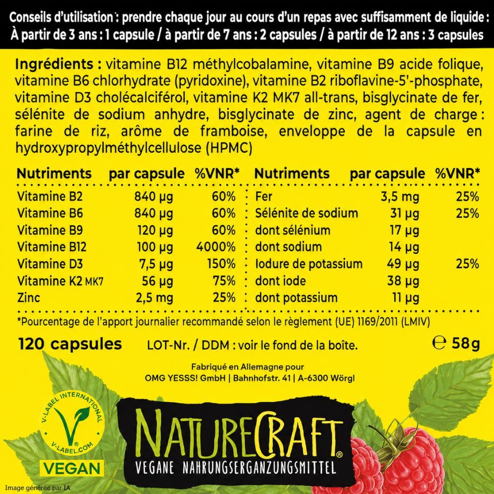 Boîte et emballage carton de gélules NatureCraft Vegan Kids All-In-One.