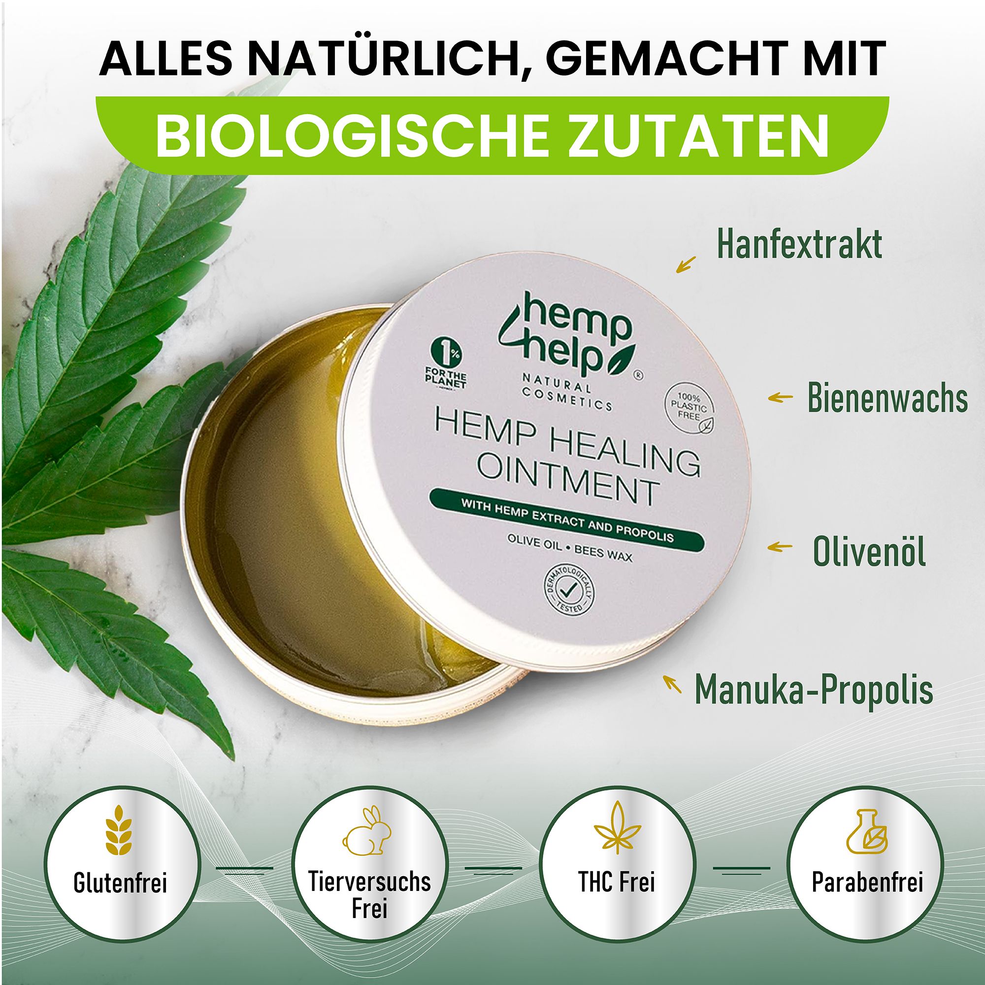 Geopend potje "hemp help" zalf. Tekst: Allemaal natuurlijk, gemaakt met biologische ingrediënten. Ingrediënten: hennep extract, bijenwas, olijfolie, Manuka-propolis.