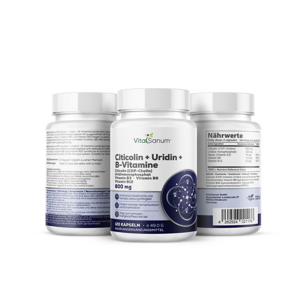 Trois bouteilles VitalSanum Citicoline + Uridine + Vitamines B, complément alimentaire, 120 gélules.