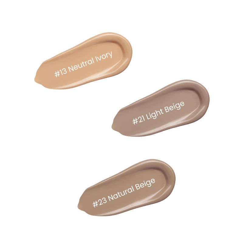 Drie tinten getinte crème op witte achtergrond. Labels: #13 Neutral Ivory, #21 Light Beige, #23 Natural Beige.