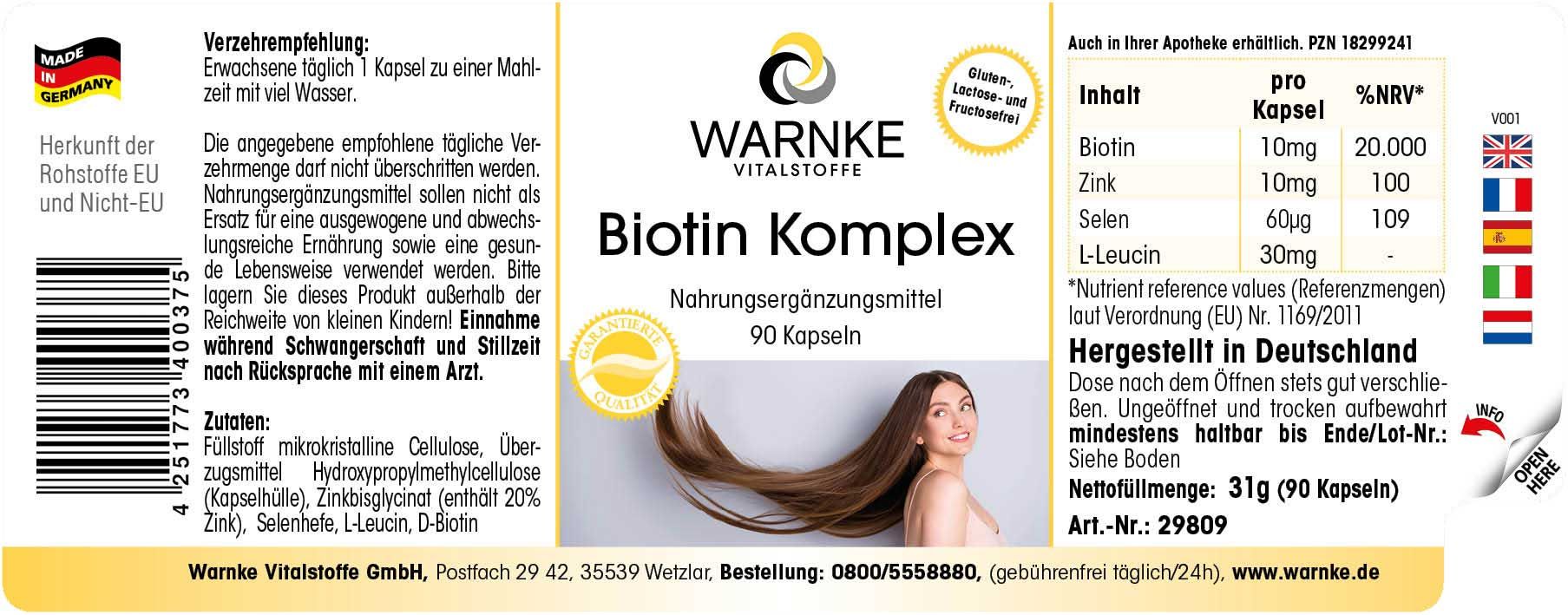Étiquette avec informations et logo Warnke Vitalstoffe. Contient biotine, zinc, sélénium, L-leucine. 90 capsules. Fabriqué en Allemagne.