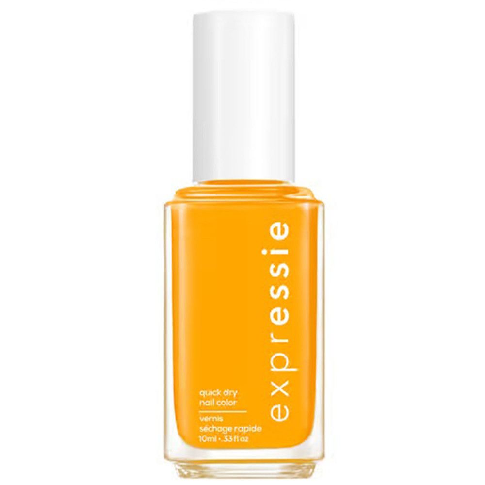 Flacon de vernis à ongles Essie Expressie. Couleur jaune, bouchon blanc. Inscription 'expressie'.