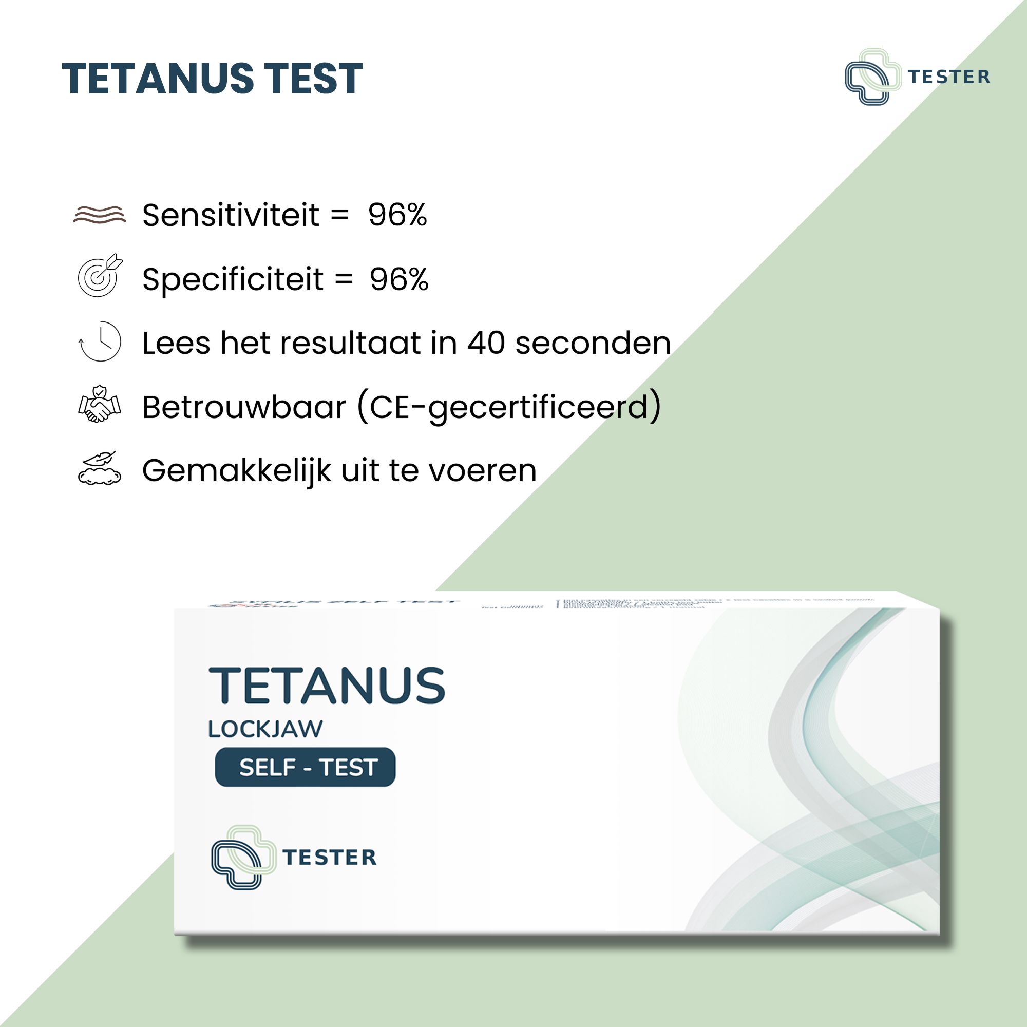 Infographic met "Tetanus Test". Gevoeligheid 96%, specificiteit 96%. Resultaat in 40 seconden. Betrouwbaar (CE-gecertificeerd).