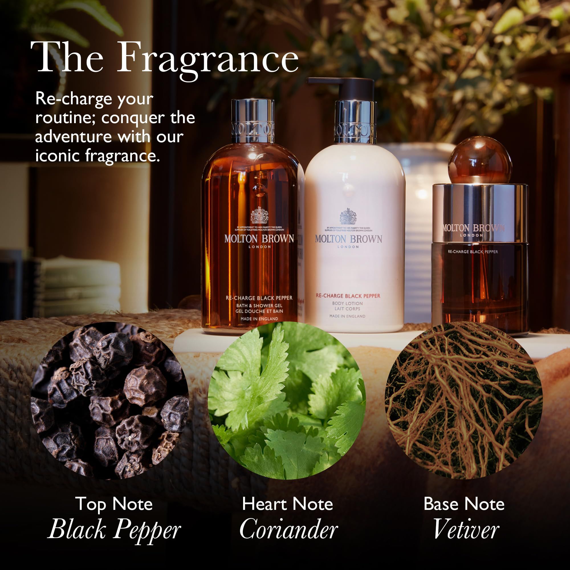 Bougie parfumée Molton Brown Re-Charge Black Pepper, gel douche et lotion pour le corps.