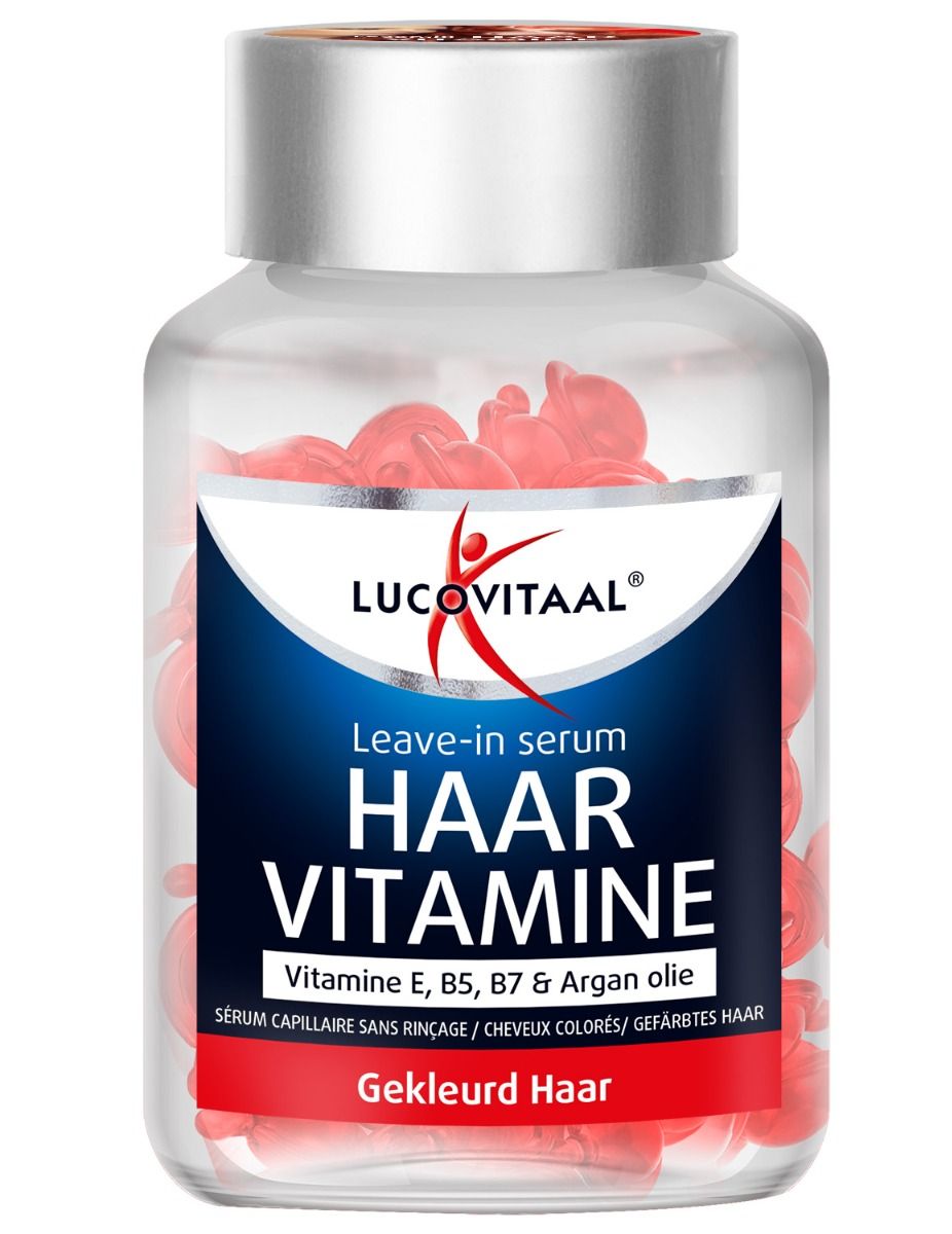 Transparante fles met capsules. Opschrift: Leave-in serum Haar Vitamine, voor gekleurd haar. Merk: Lucovitaal.
