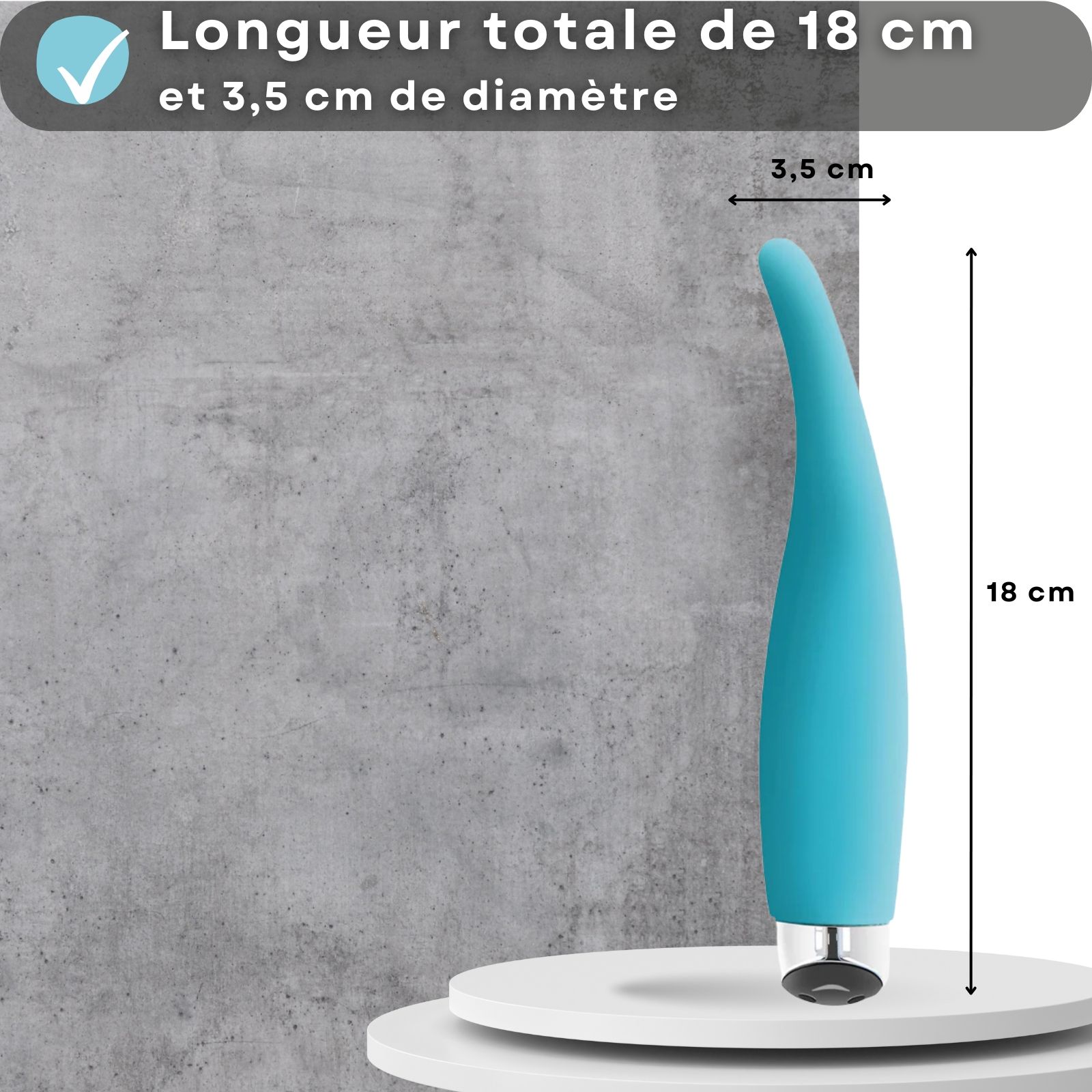 Vibrateur bleu. Texte: 18cm long, 3,5cm diamètre. Dimensions affichées.