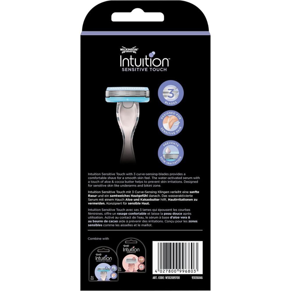 Achterkant van de verpakking van de Wilkinson Sword Intuition Sensitive Touch dames scheermes. Productinformatie en logo's.