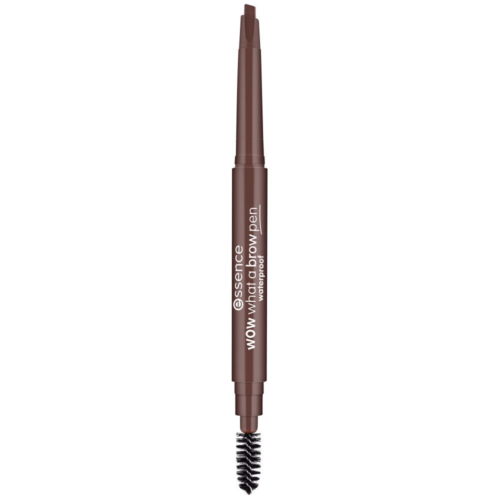 Crayon à sourcils avec brosse. Mine marron, capuchon transparent. Inscription: essence WOW what a brow pen waterproof.