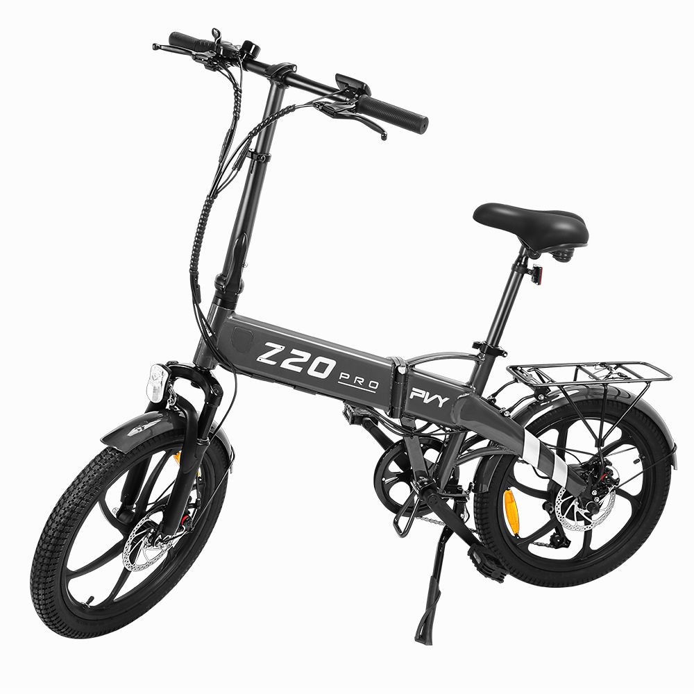 Opvouwbare e-bike PVY Z20 Pro, zwart, met bagagedrager. Shimano 6 versnellingen. Zichtbare details.