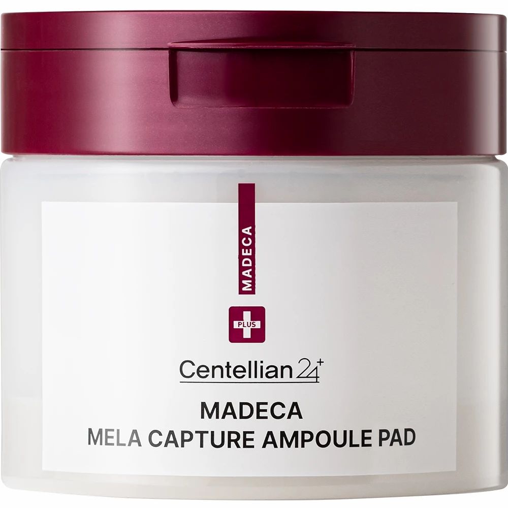 Pot blanc avec couvercle bordeaux. Inscription: Madeca Mela Capture Ampoule Pad. Marque: Centellian 24.