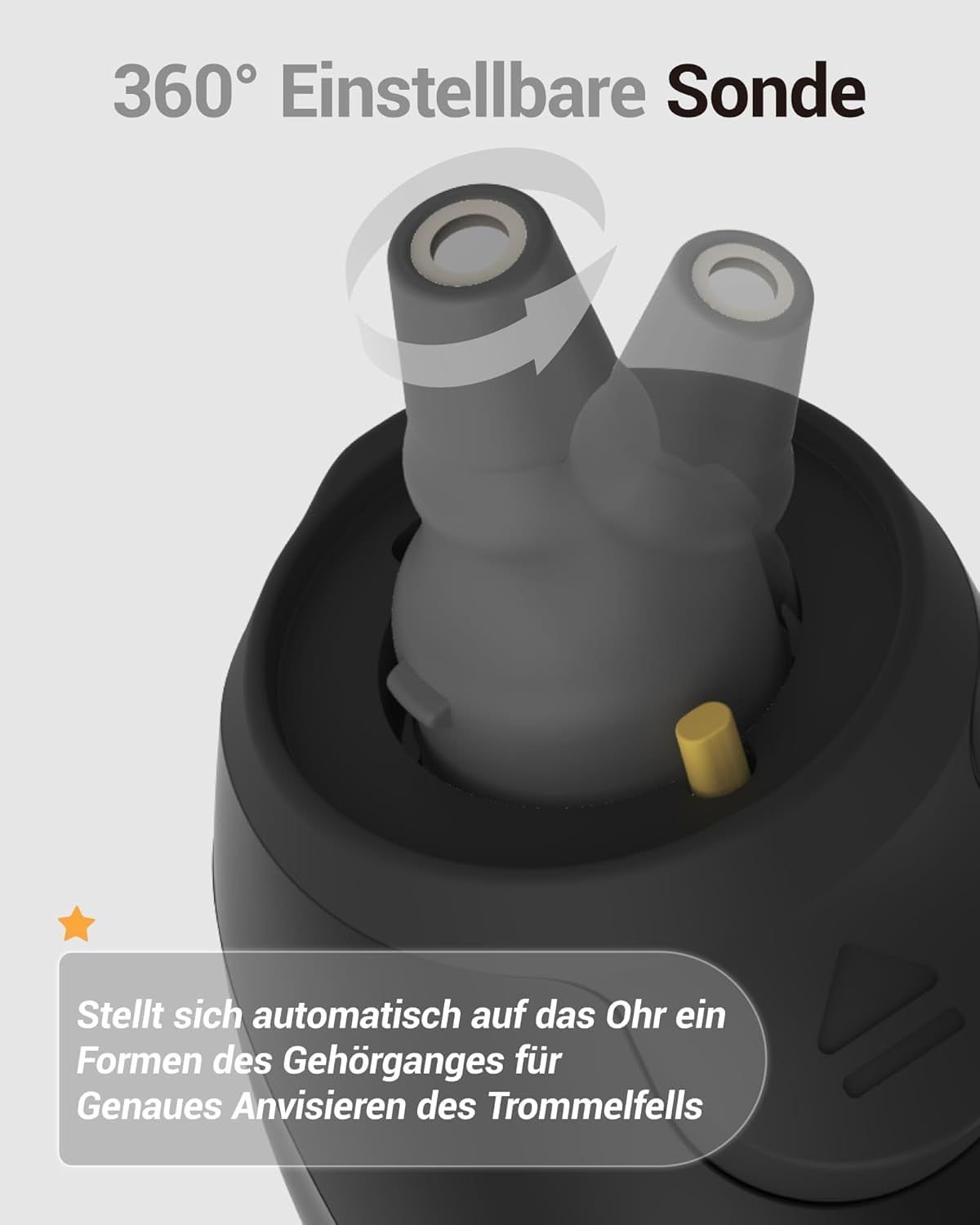 Gros plan d'un thermomètre auriculaire noir. Montre l'embout et la sonde rotative. Texte : Sonde réglable à 360°. Fond gris.