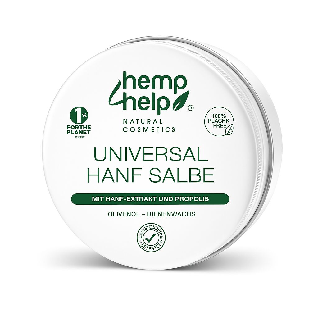 Potje "hemp help" zalf. Tekst: Universele hennep zalf. Ingrediënten: hennep extract en propolis, olijfolie, bijenwas. Logo: Dermatologisch getest.