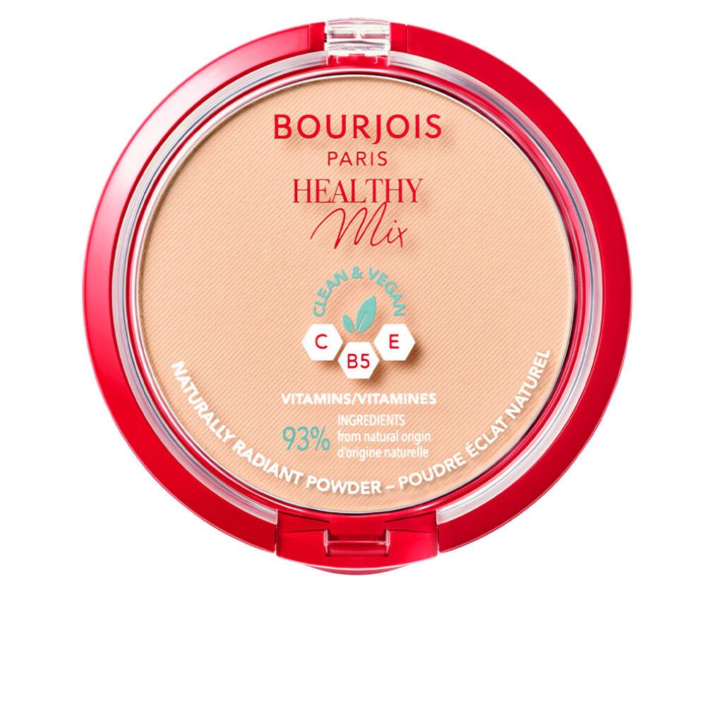 Boîtier de poudre rond, rouge et transparent. Inscription: Bourjois Paris Healthy Mix. Vegan, Vitamine C, B5, E. Poudre éclat naturel.
