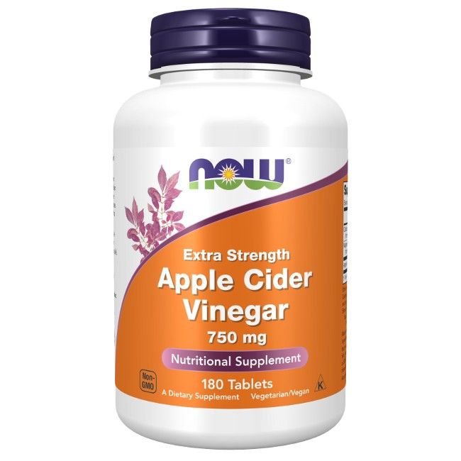 Witte fles, oranje etiket. "Extra Strength Apple Cider Vinegar" 750 mg, 180 tabletten. Merk: NOW.