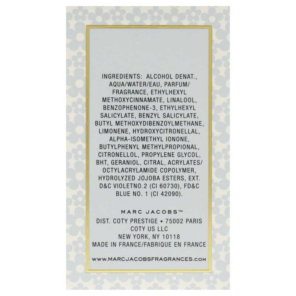 Dos de l'emballage avec ingrédients et informations du fabricant. Marc Jacobs, Coty Prestige.