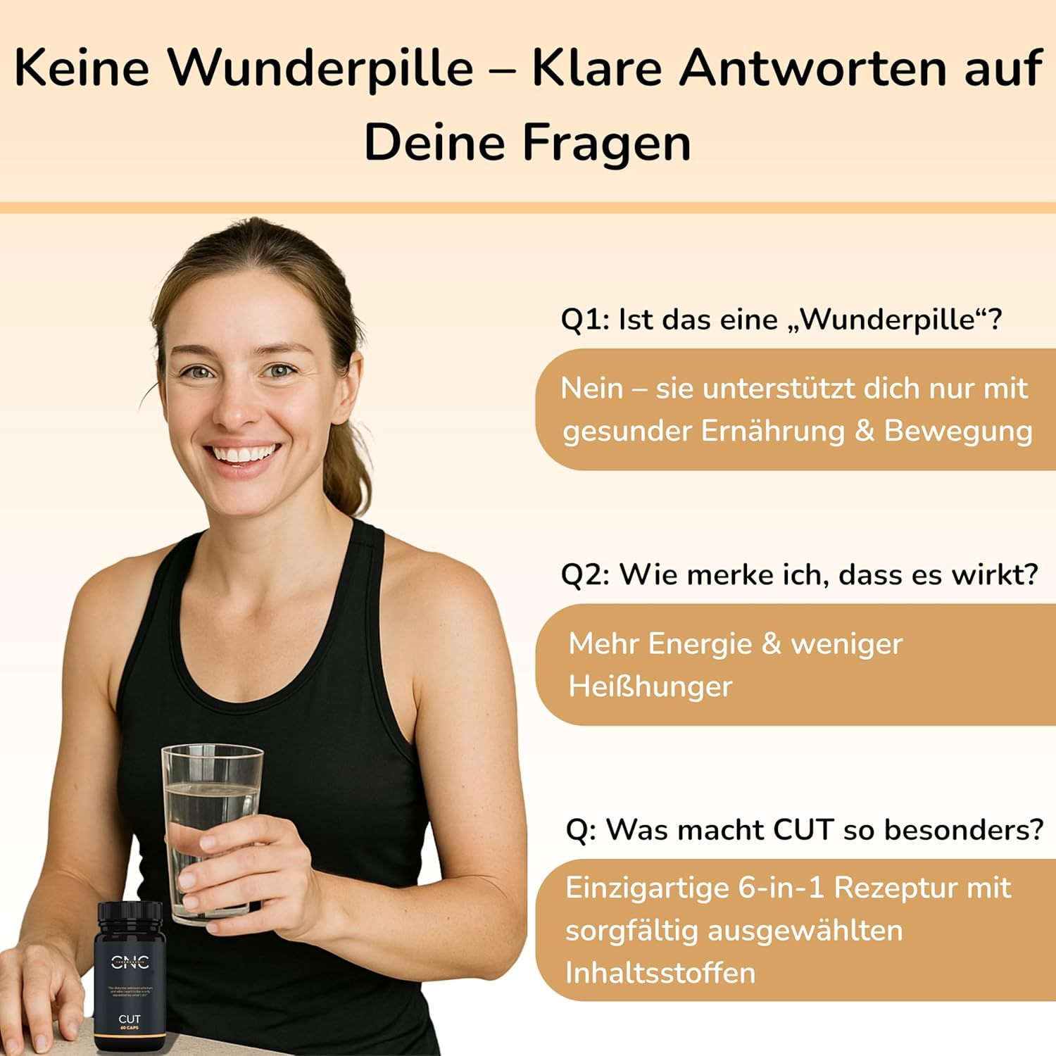 Vrouw met productfles en glas water, beantwoordt vragen over CUT capsules.
