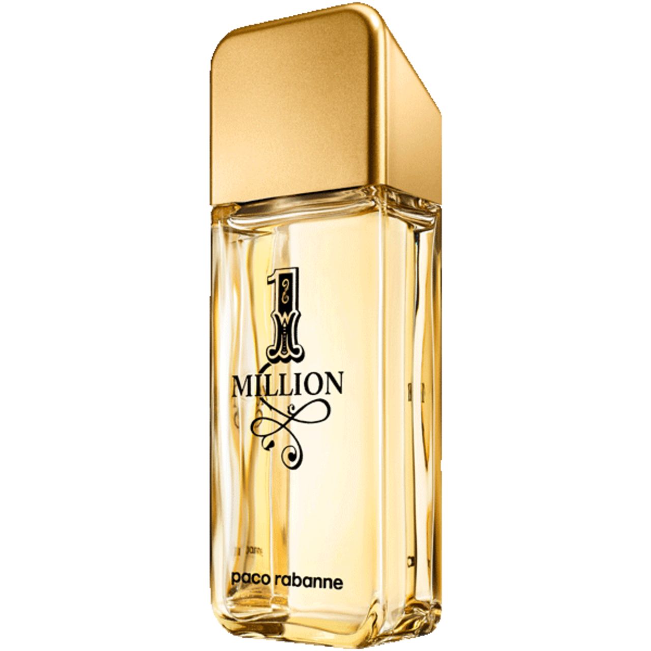 Gouden fles met gouden dop. Opschrift "1 Million" en "paco rabanne".