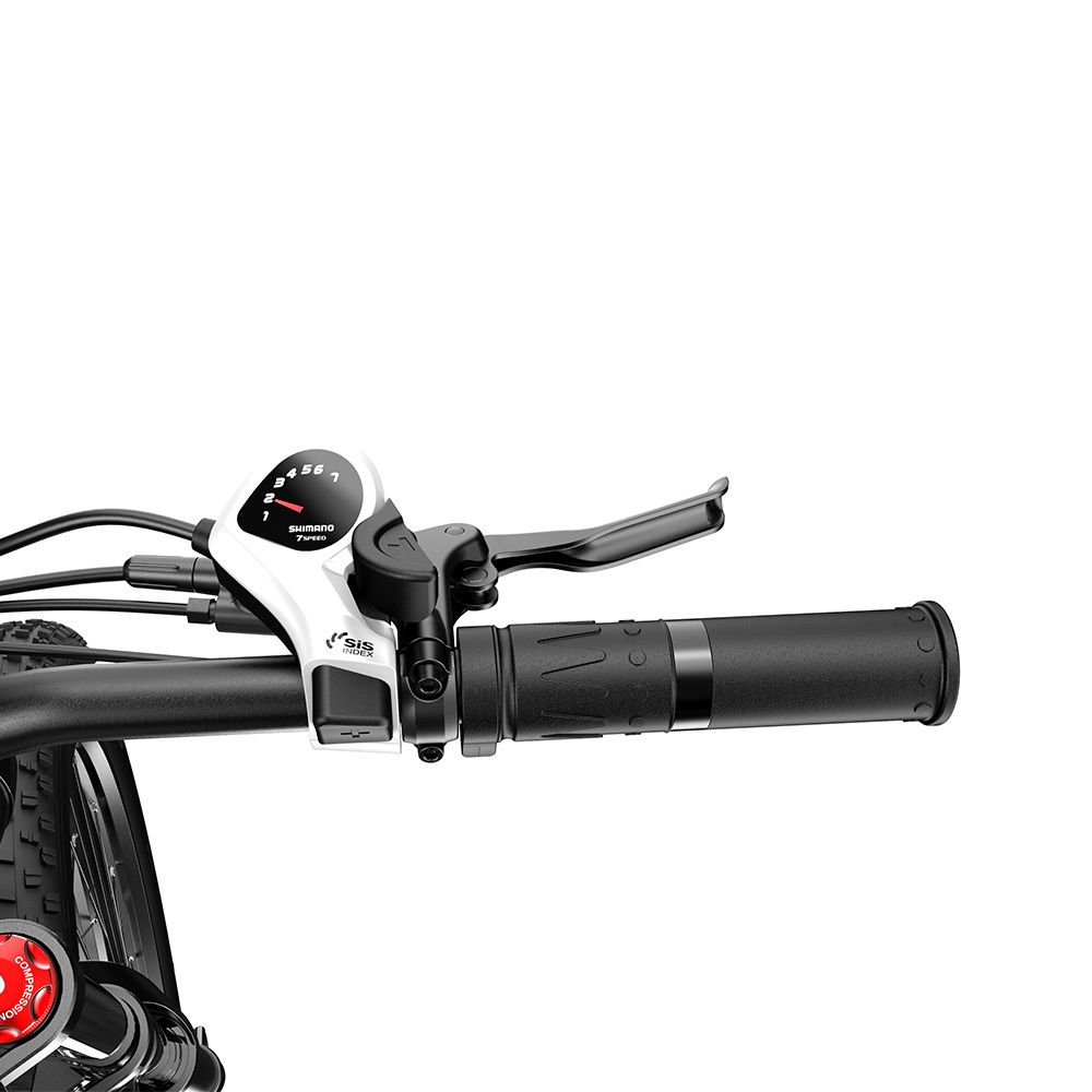 Guidon de vélo avec commandes. Guidon noir, panneau de commande blanc, poignée noire.