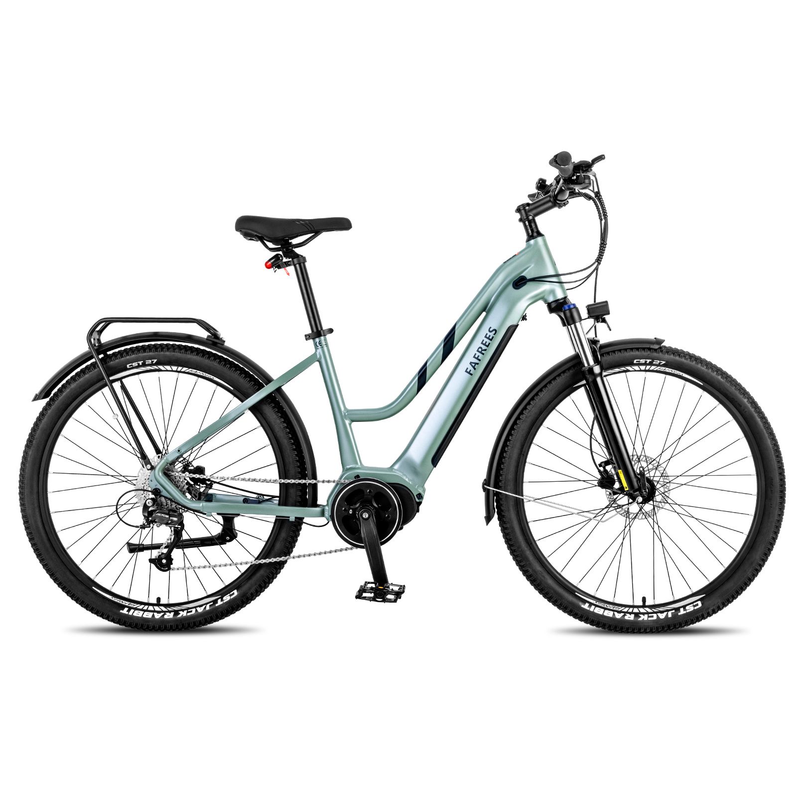 Lichtgroene e-bike met centrale motor. Zwarte banden, spatborden en bagagedrager. Merk FAFREES.