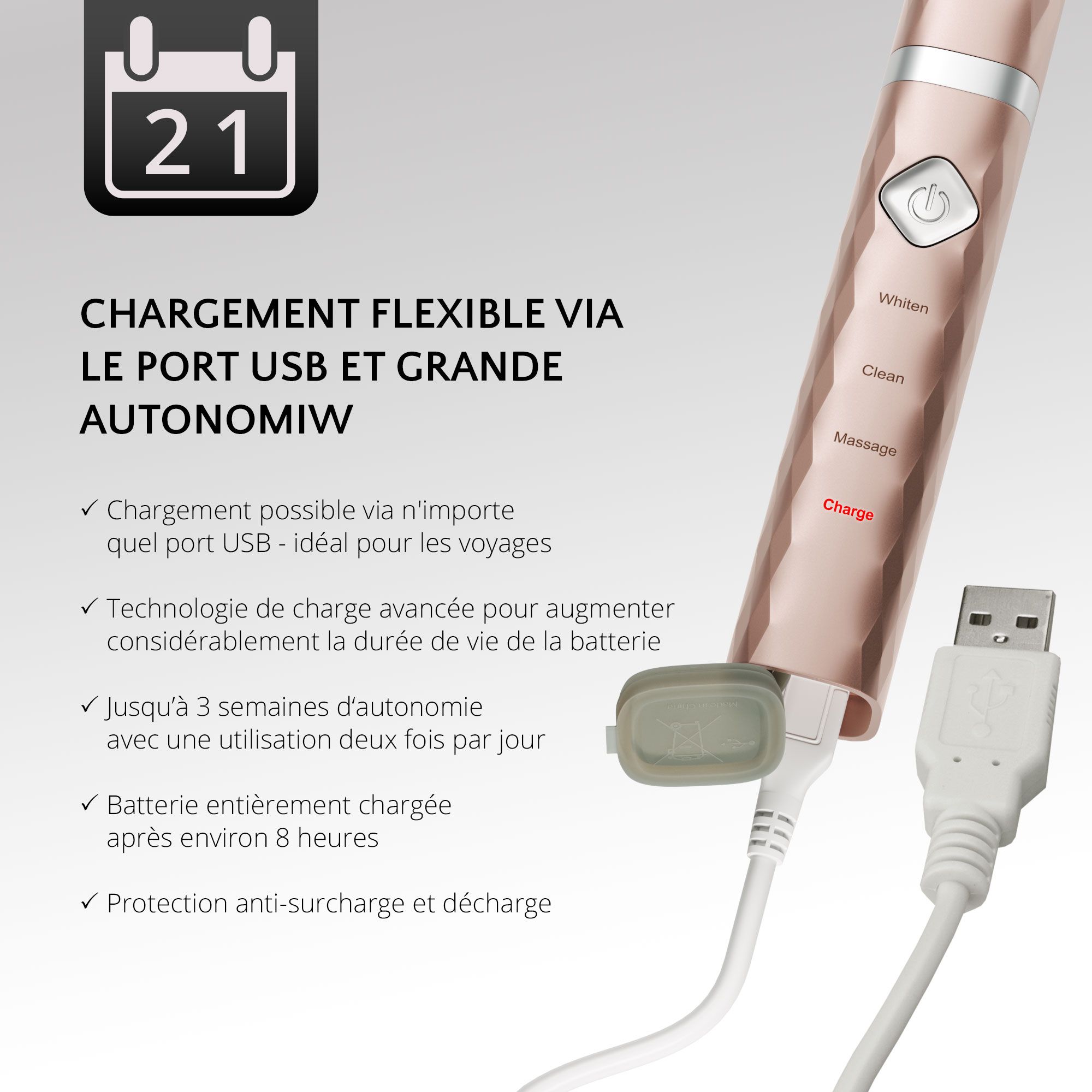 Brosse à dents électrique avec port de charge USB. Corps rose doré. Câble USB. Texte : CHARGEMENT FLEXIBLE VIA LE PORT USB.