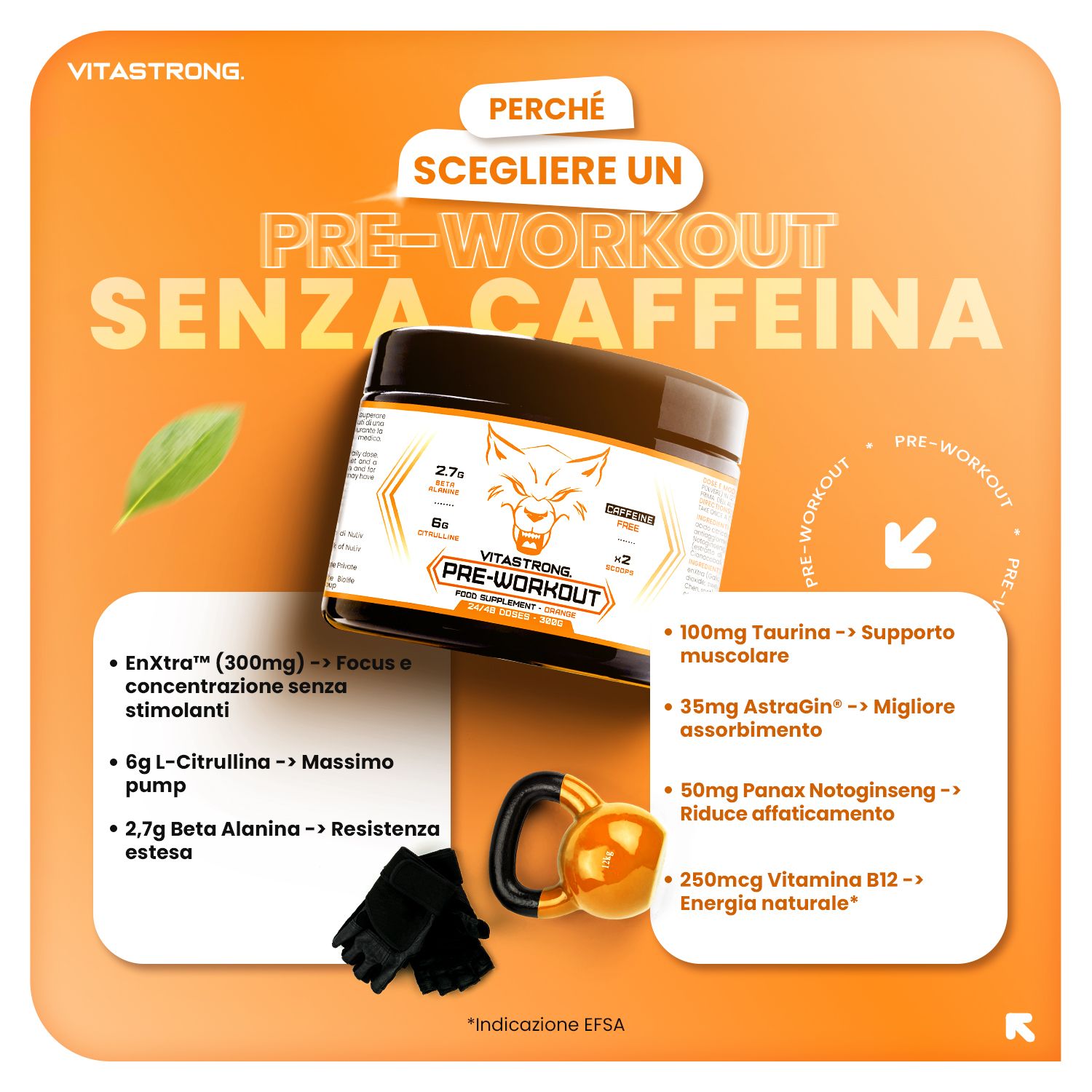 Pot Vitastrong Pre-Workout, tekst: Pre-Workout, cafeïnevrij. Bevat 6g L-Citrulline, 2,7g Beta Alanine. Elementen: handschoenen, halter.