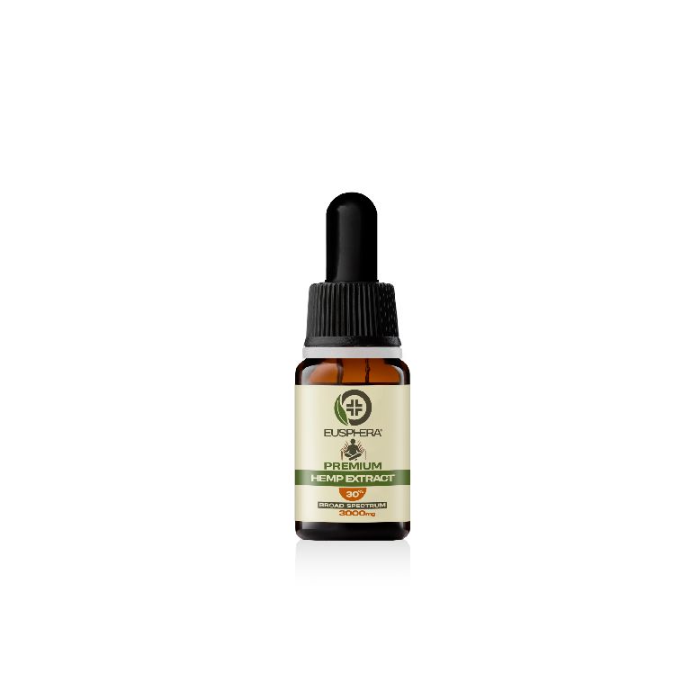 Flacon en verre brun avec bouchon noir. Inscription: Eusphera, Premium Hemp Extract, 30%, Broad Spectrum, 3000mg.