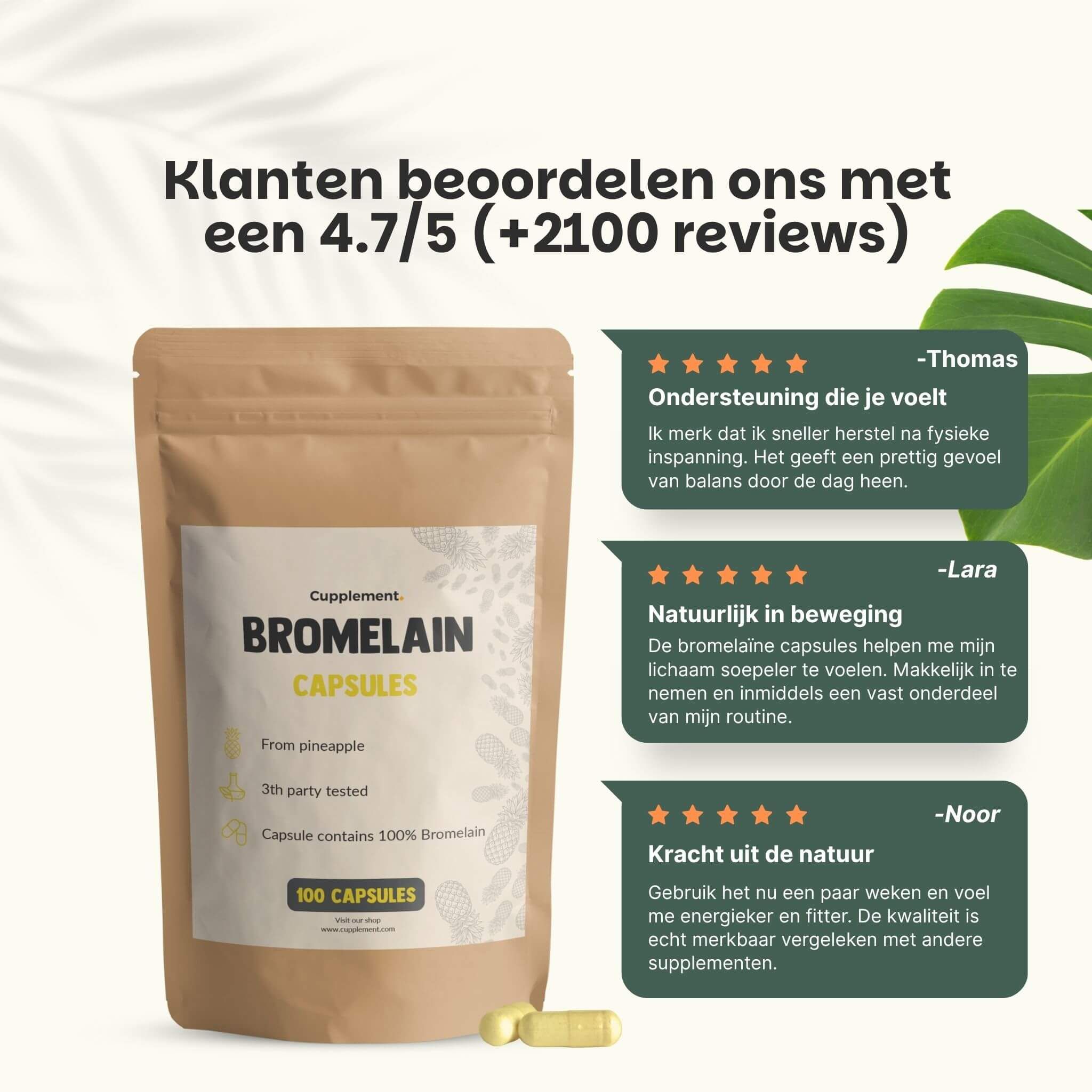 Zakje met bromelaïne capsules en klantbeoordelingen. Tekst: Bromelain Capsules, 100 capsules. Klantbeoordeling 4.7/5.