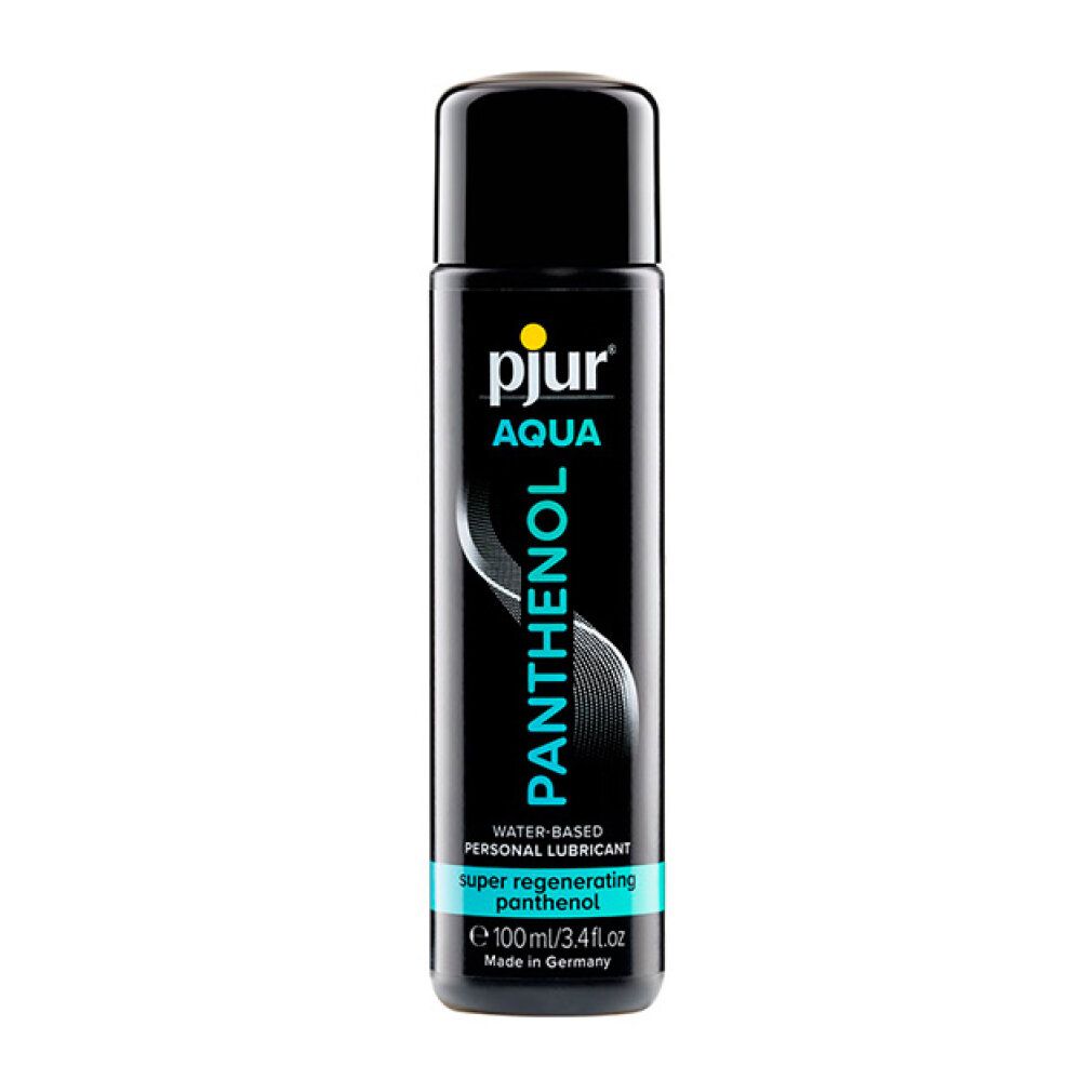 Flacon noir avec bouchon noir. Inscription : pjur AQUA Panthenol. Texte : Lubrifiant personnel à base d'eau. Panthenol super régénérant.