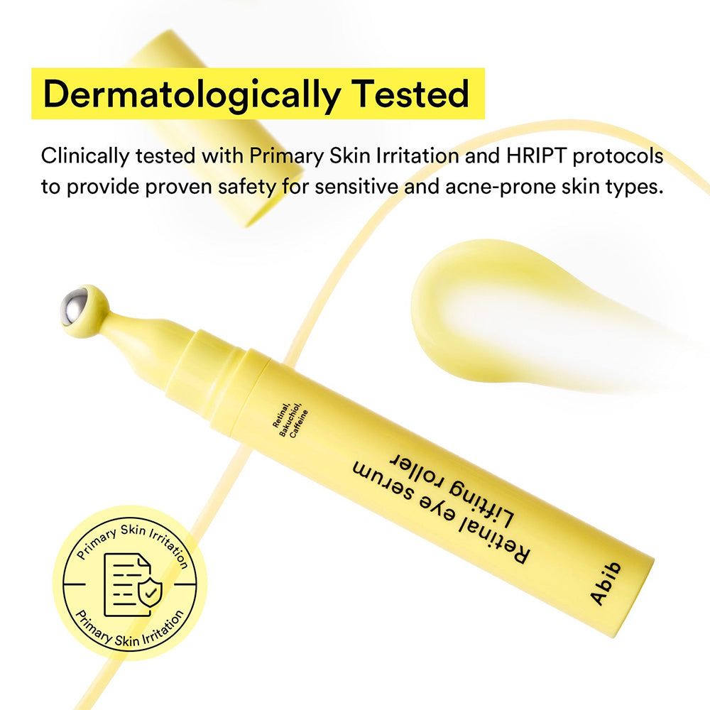 Gele oogroller met metalen applicator. Opschrift: 'Retinal eye serum lifting roller', 'Abib'. Dermatologisch getest.
