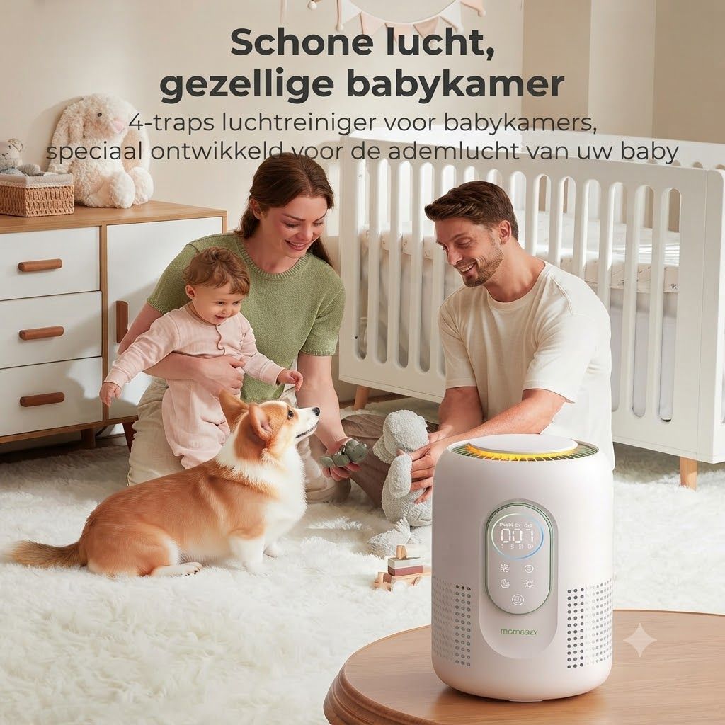 Een witte luchtreiniger met digitaal display staat op een tafel in de babykamer.