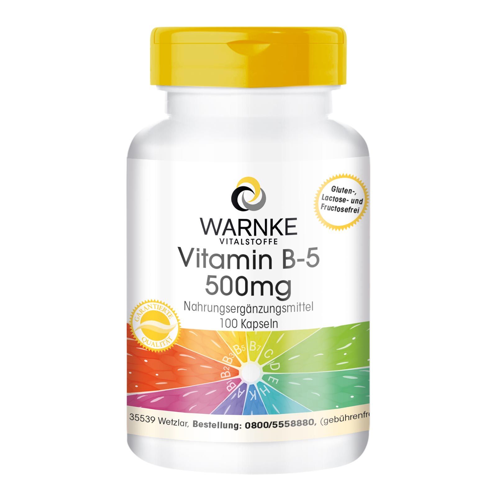 Witte fles met gele dop. Opschrift: Warnke Vitalstoffe Vitamin B-5 500mg. 100 capsules. Gluten-, lactose- en fructosevrij.