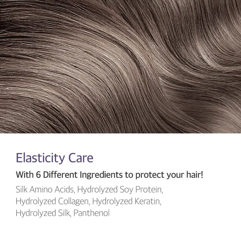 Elasticiteitsverzorging voor haar met 6 verschillende ingrediënten, waaronder zijde-aminozuren.