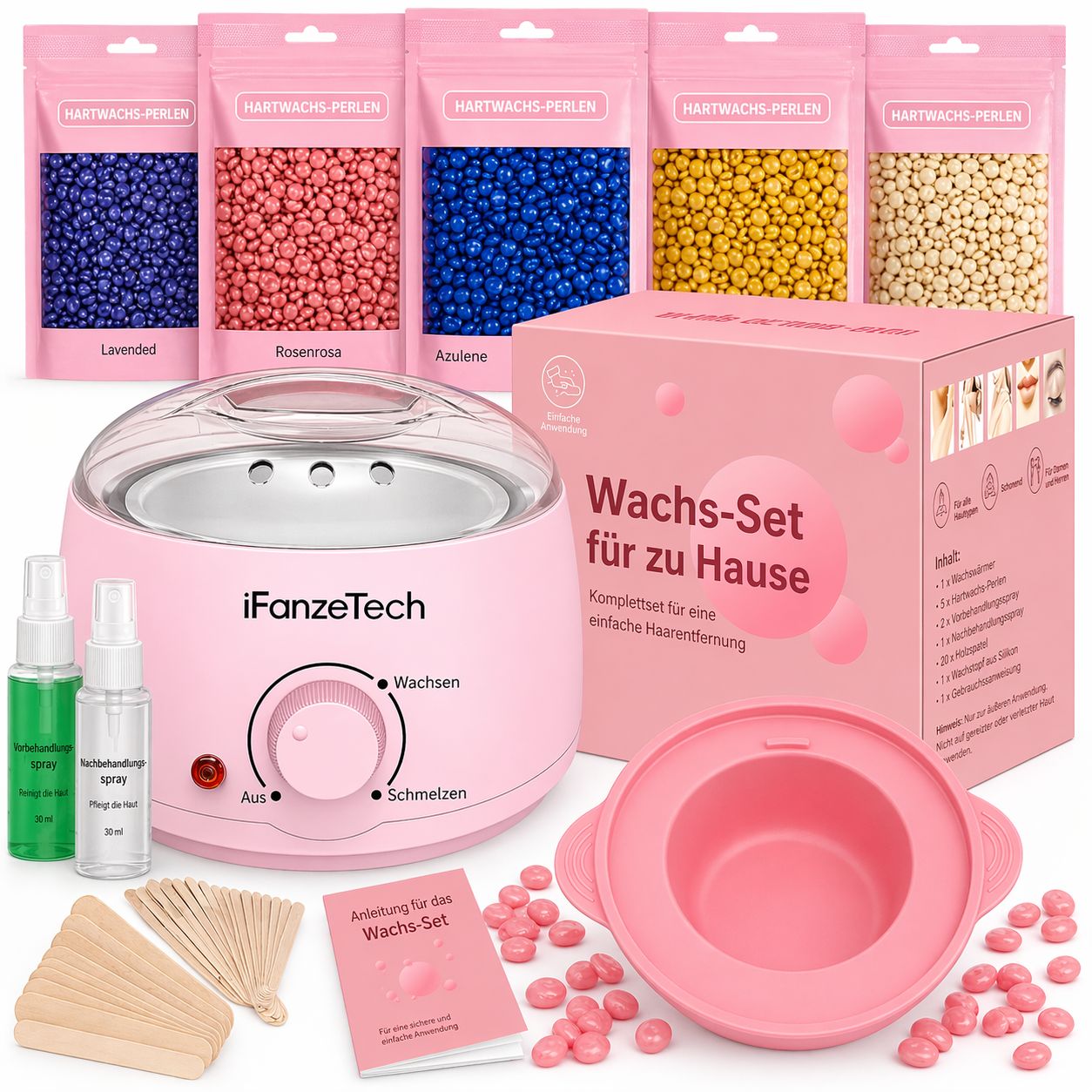 Waxing set met waxwarmer, wax kralen, sprays, spatels en instructies. Bevat een roze doos met productinformatie.