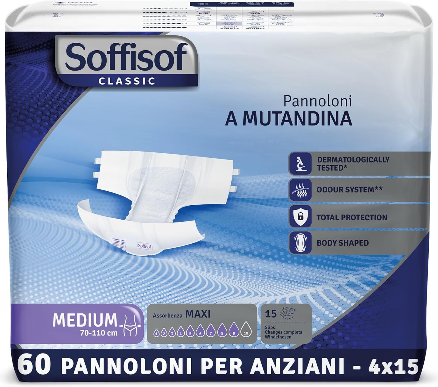 Soffisof Classic Maxi volwassen luiers. Medium, 70-110 cm. 60 stuks. Dermatologisch getest, geursysteem, totale bescherming, lichaamsvorm.