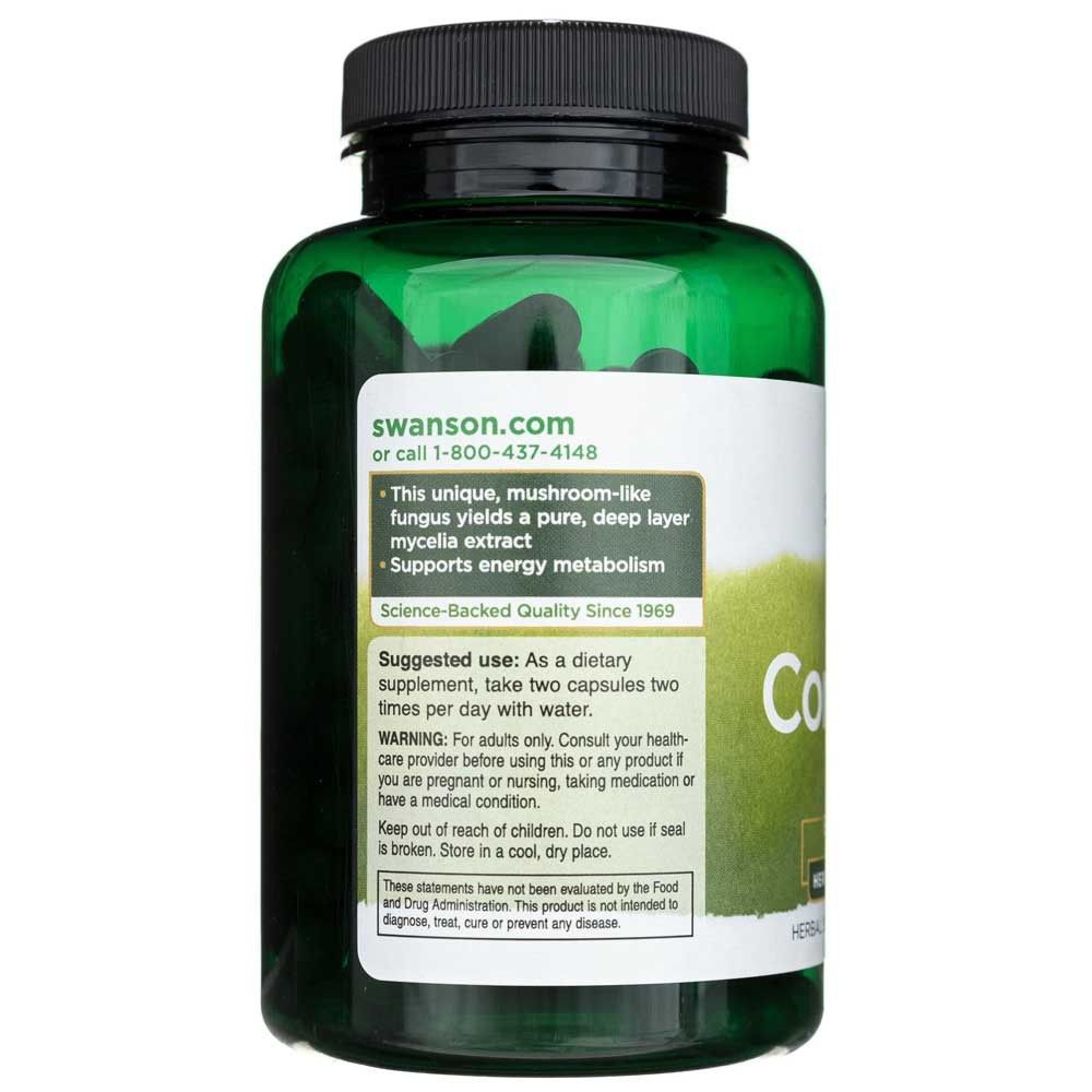 Arrière d'une bouteille verte de SWANSON Cordyceps, avec instructions d'utilisation et sceau de qualité.