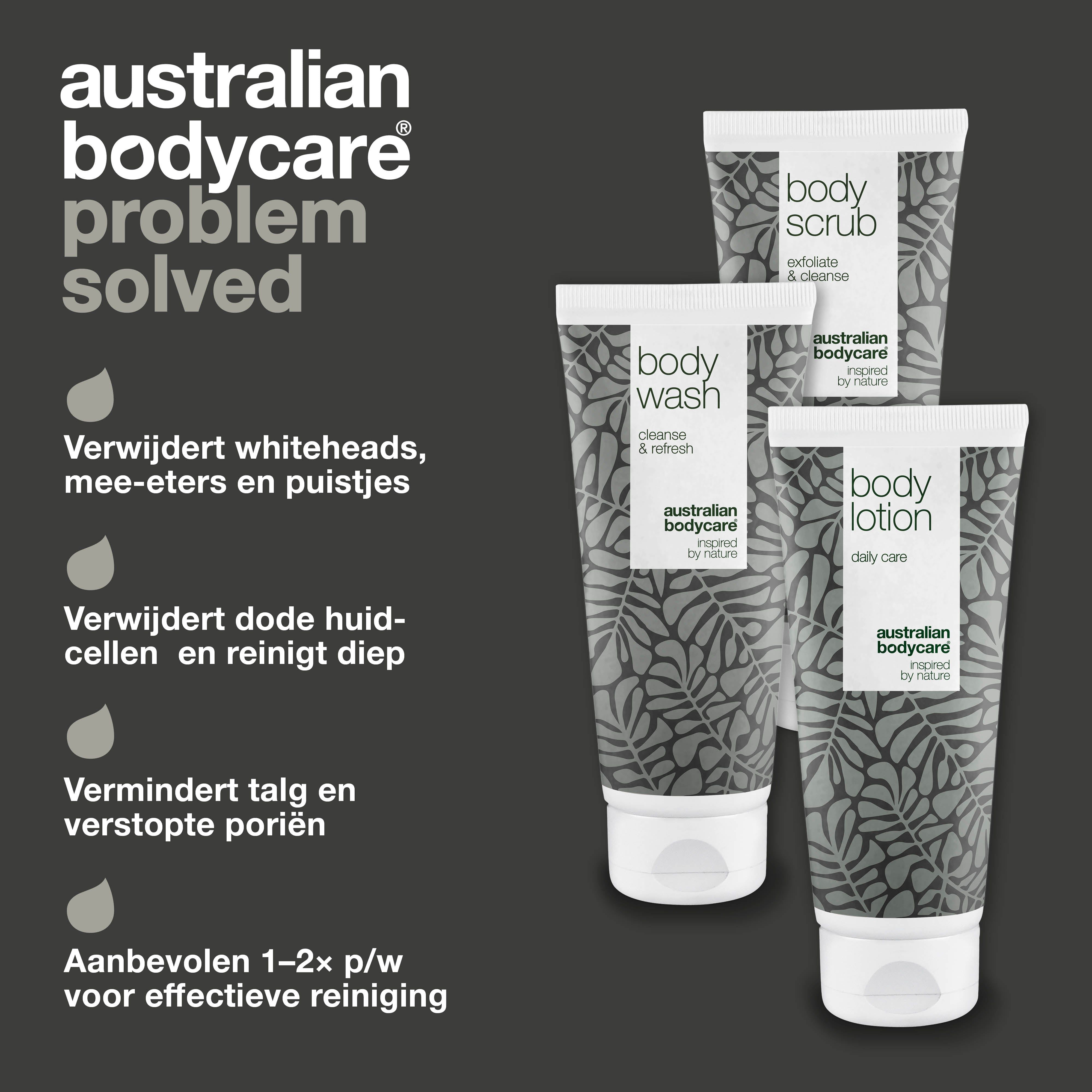 Drie tubes lichaamsverzorgingsproducten. Opschrift: Body Wash, Body Scrub, Body Lotion. Merk: Australian Bodycare. Tekst: Probleem opgelost.
