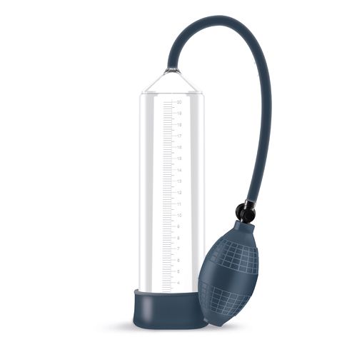 Pompe cylindrique avec échelle graduée, base bleue et tuyau. Pompe manuelle avec surface striée.