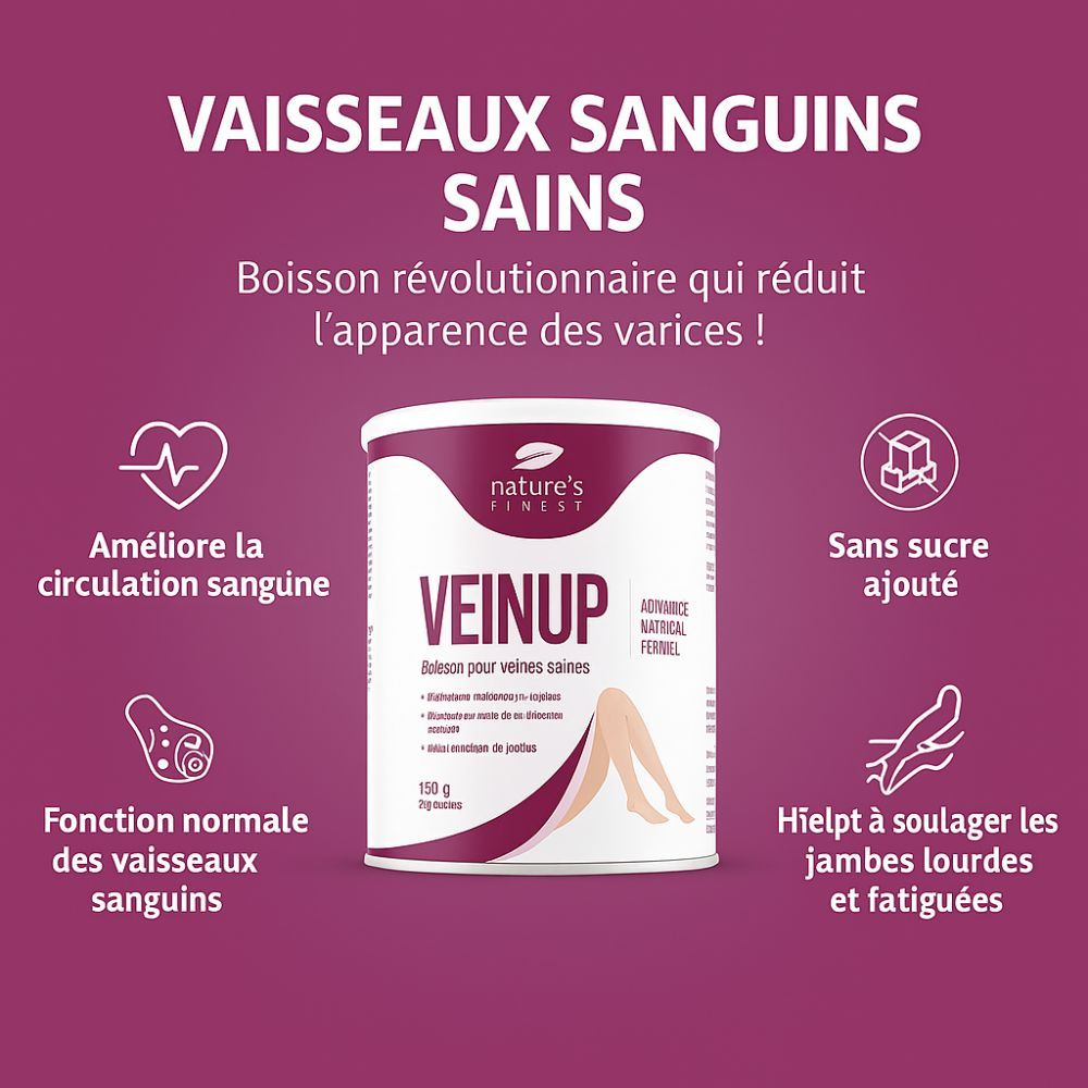 Publicité pour Nature's Finest VEIN UP. Boîte avec produit. Graphiques : cœur, sucre, veines, jambes. Texte en français.