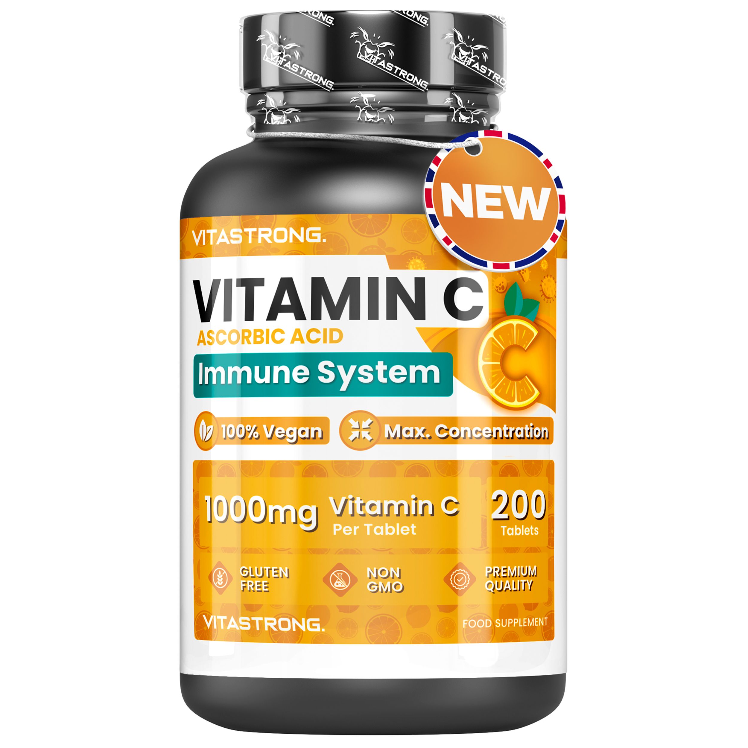Vitastrong Vitamine C tabletten. Zwarte fles, geel etiket. 200 tabletten, 1000mg. Tekst: Ascorbinezuur, immuunsysteem, 100% veganistisch, Max. concentratie.