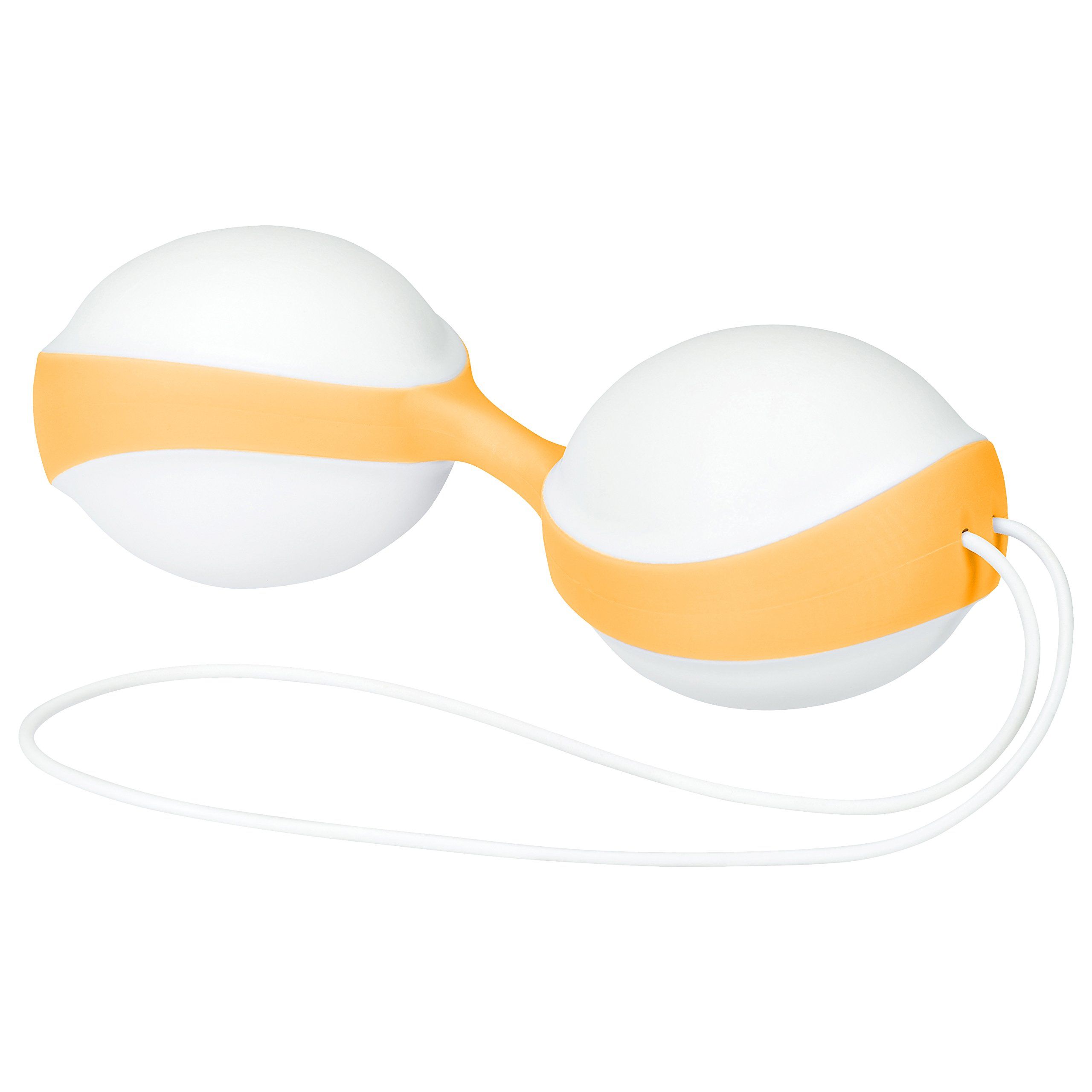 Deux sphères blanches avec une bande orange, reliées par une tige et un cordon.