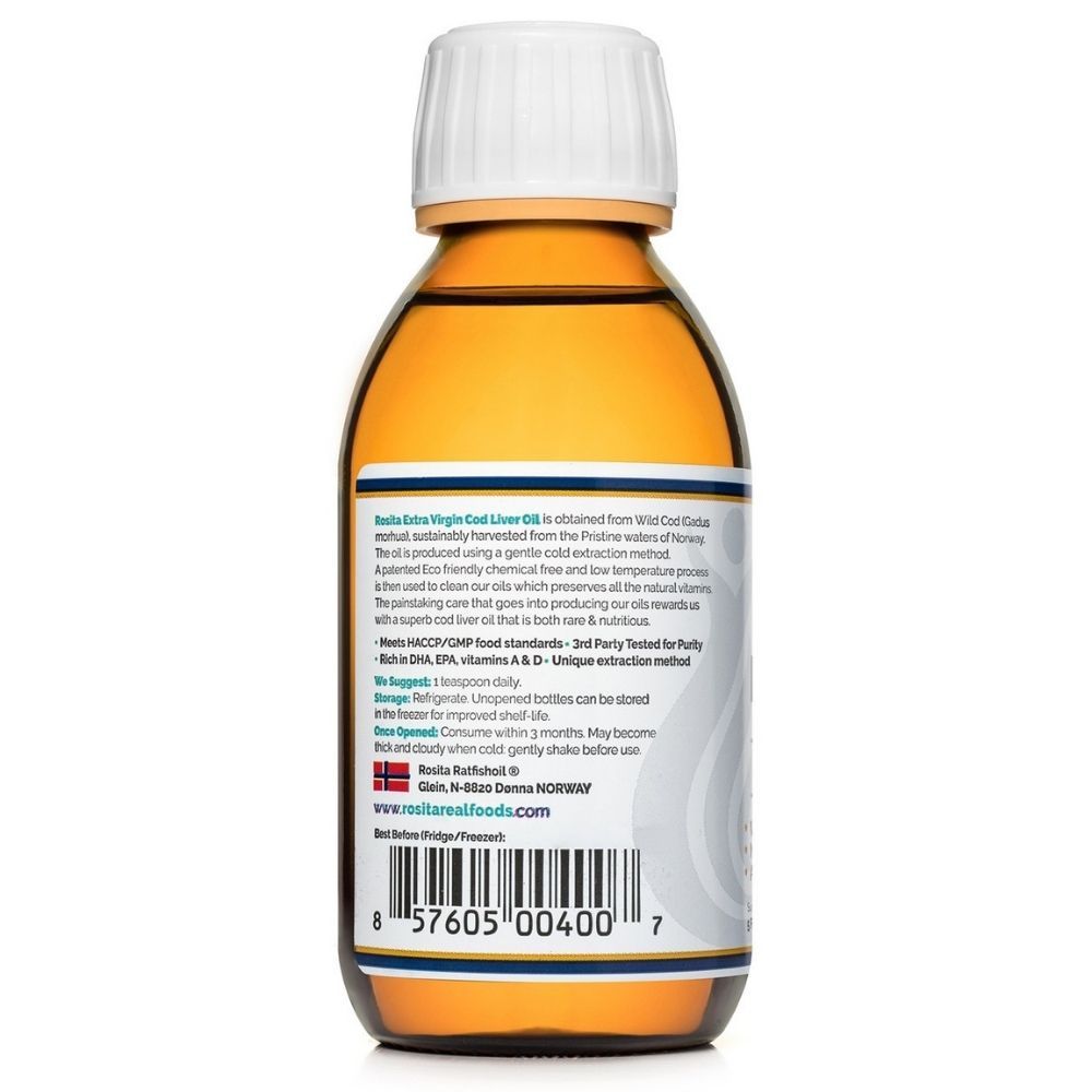 Achterkant van een fles Rosita Premium Extra Virgin levertraan. Bevat productbeschrijving, herkomst en certificeringen.