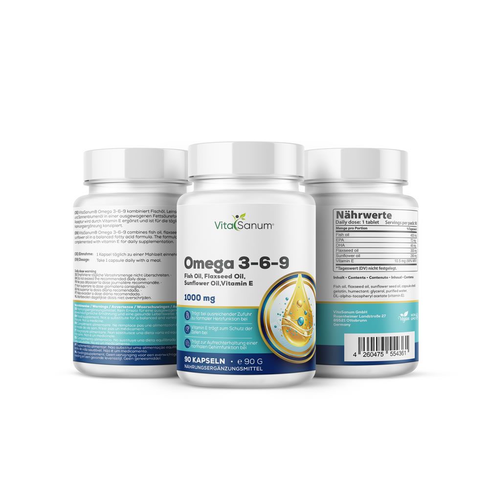 Drie flessen VitaSanum Omega 3-6-9. Opschrift: 1000 mg, 90 capsules. Achterkant met voedingswaarde.
