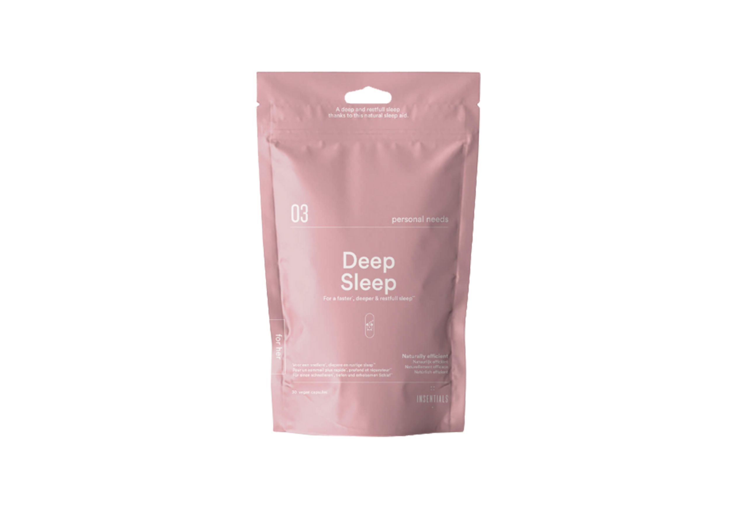 Roze zakje met "Deep Sleep" tekst. Ophanggat bovenaan. Witte tekst. Merk Insentials.