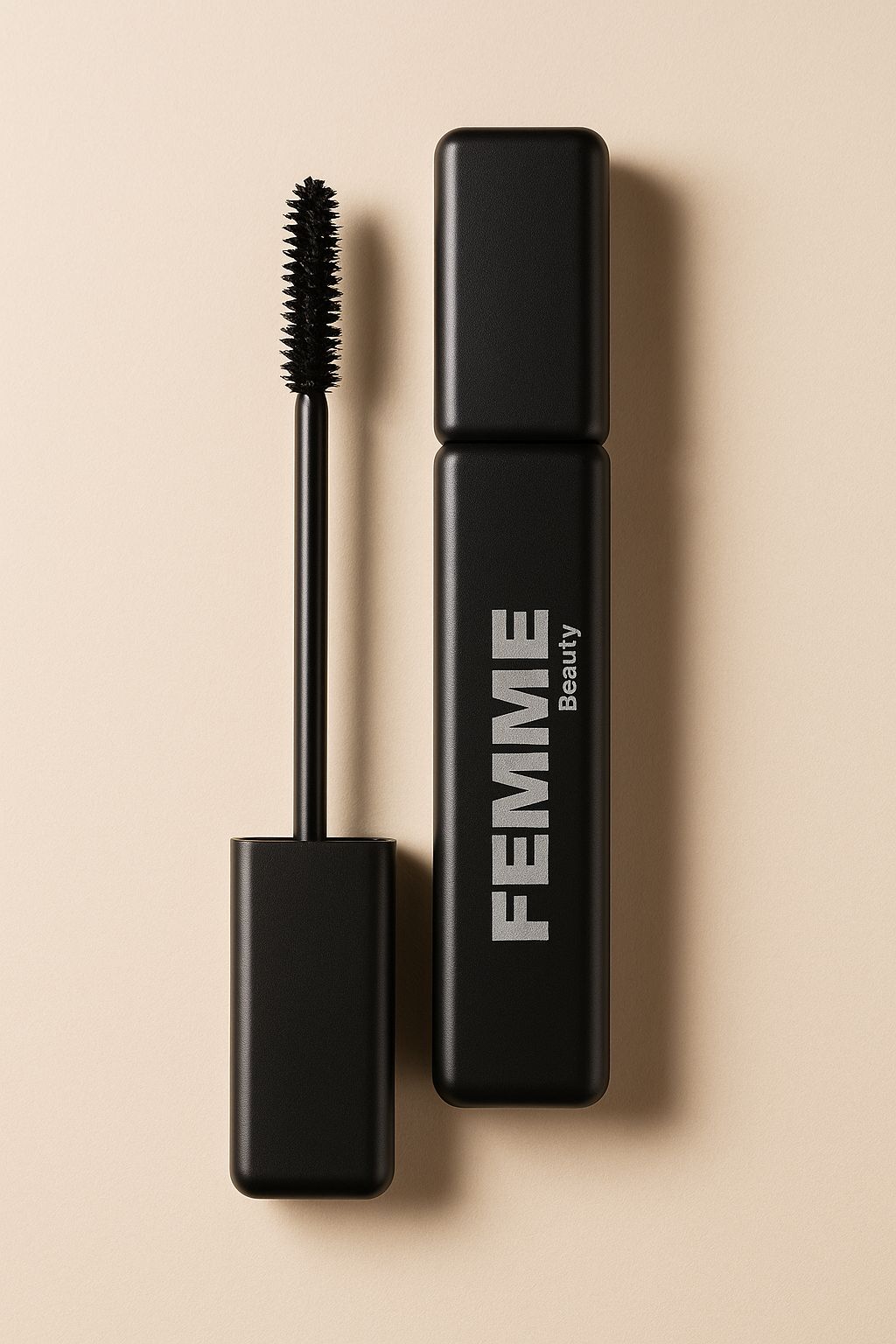 Mascara volume noir FEMME Deep Black dans son emballage noir, applicateur à côté.