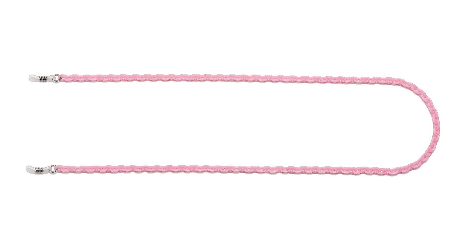 Cordon de lunettes rose. Design tressé. Extrémités métalliques pour attacher aux branches. Fond blanc.