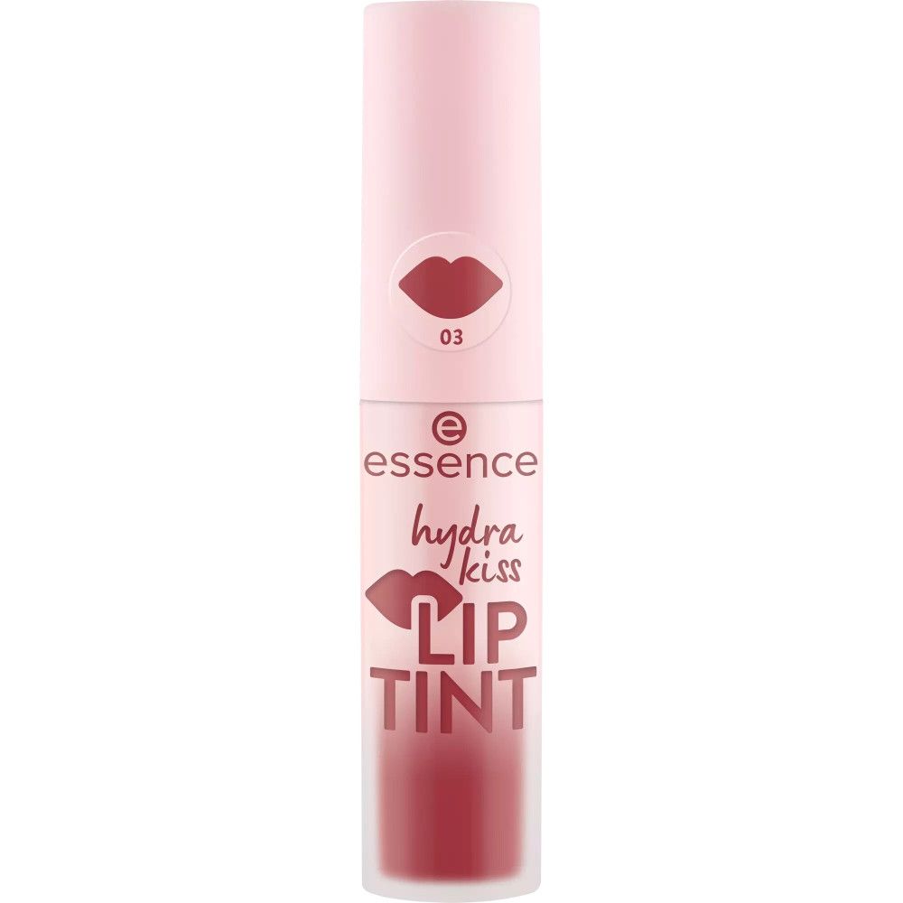 Flacon de teinte à lèvres fermé. Emballage rose, contenu rouge. Inscription : hydra kiss LIP TINT. Marque : essence.