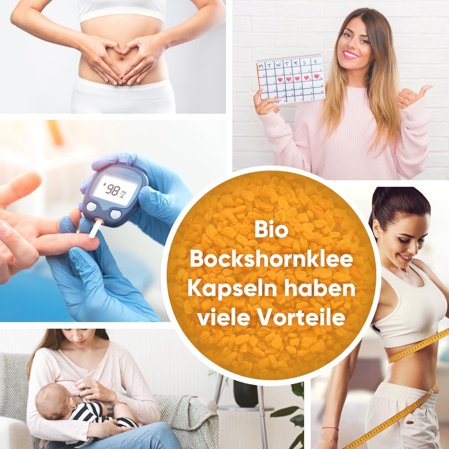 Collage met afbeeldingen. Vrouw met hart op buik, kalender, bloedglucosemeter, baby, vrouw met meetlint. Tekst: BIO Bockshornklee Kapseln haben viele Vorteile.