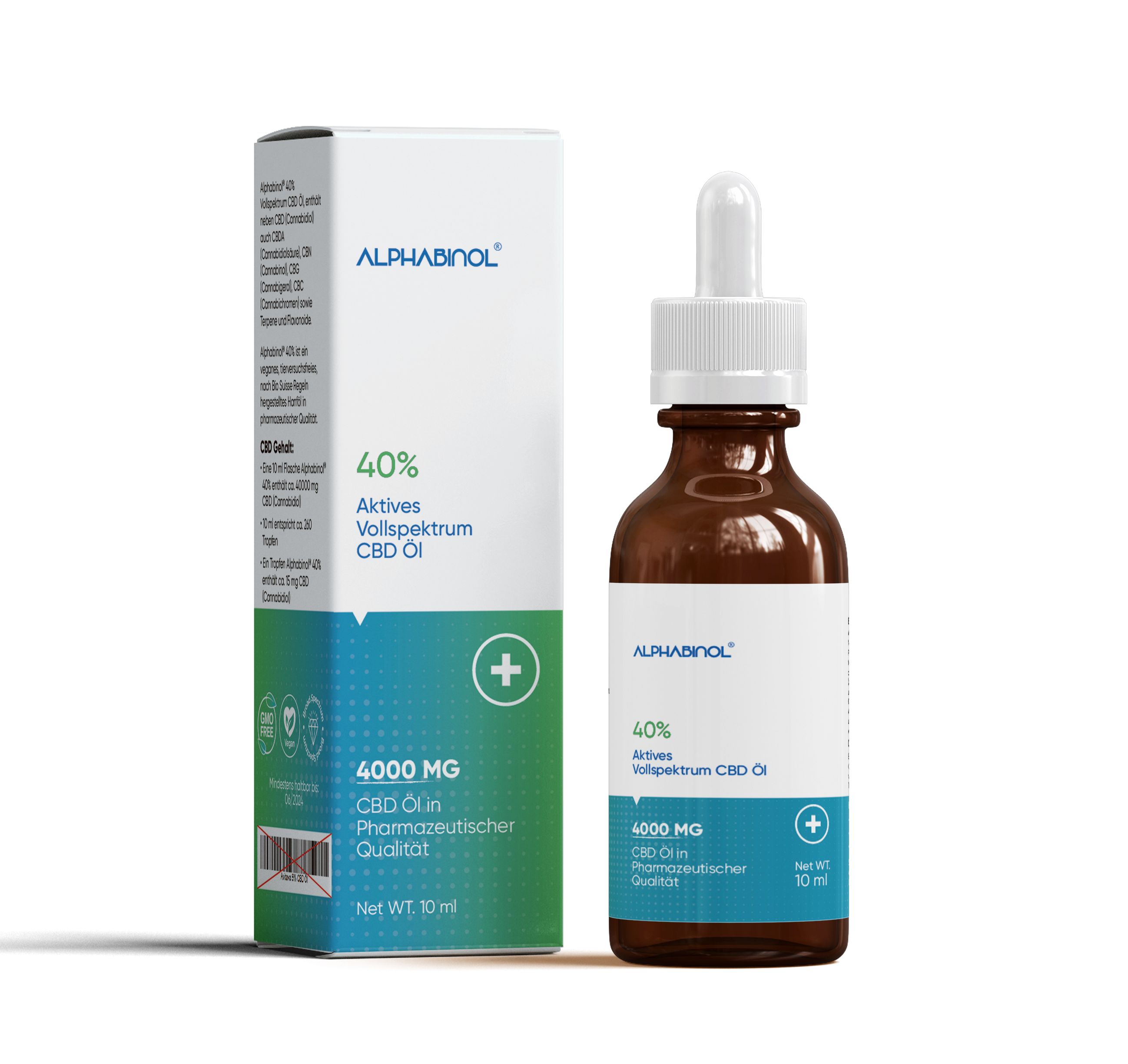 Bruine glazen fles en doos met productinformatie. Opschrift: ALPHABINOL, 40%, 4000 MG CBD Olie. Farmaceutische kwaliteit.