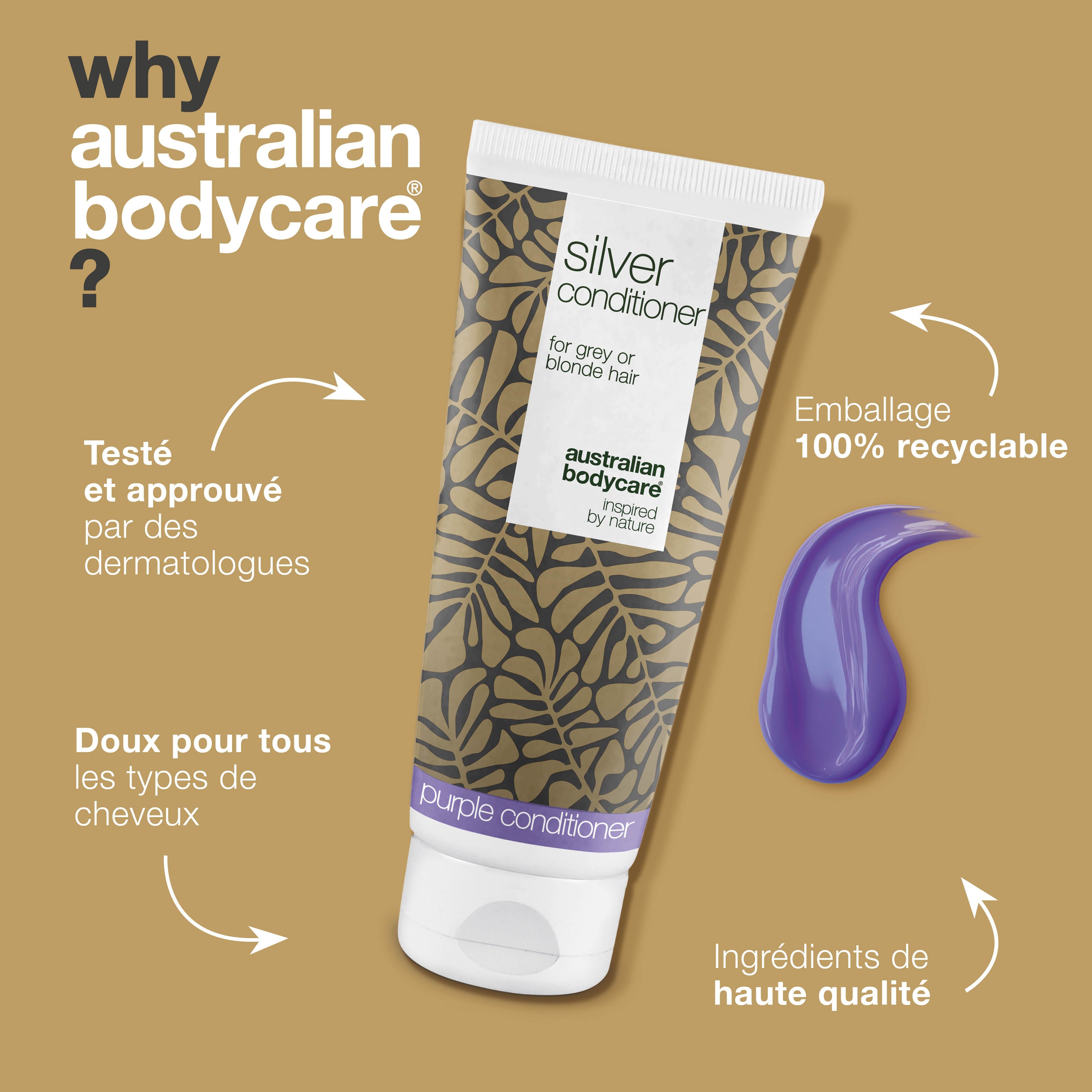 Tube de revitalisant argenté et goutte violette. Emballage 100% recyclable. Marque : Australian Bodycare.